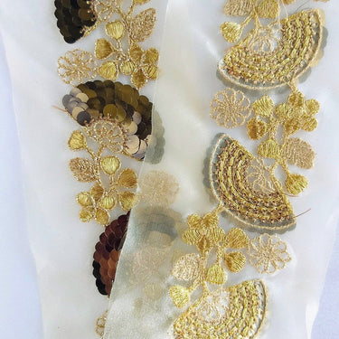 Gold Sheer Fabric Trim With Antique Gold Floral Embroidery And Metallic Sequins Embellishments, Approx. 95mm Wide - 210119L123